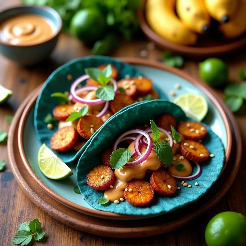 Tacos de Banano Macho Asado con Salsa de Cacahuete y Cilantro: Receta Vegana Tailandesa en Airfryer