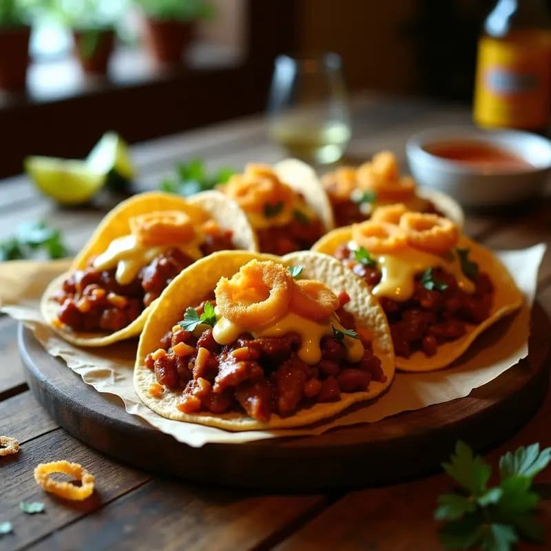 Tacos de Barbacoa con Queso Fundido, Cebolla Crujiente y Salsa Chipotle: Sabores Ahumados Intensos