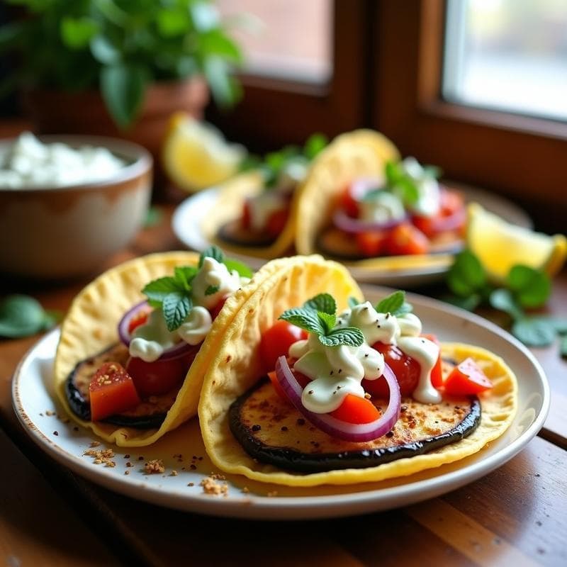 Tacos de Berenjena Asada y Qeso Feta: Receta Griega en Airfryer con Salsa de Yogur y Menta