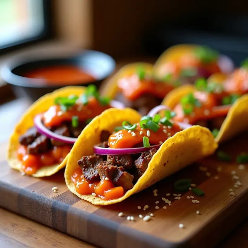 Tacos coreanos de bulgogi de ternera con kimchi y salsa gochujang