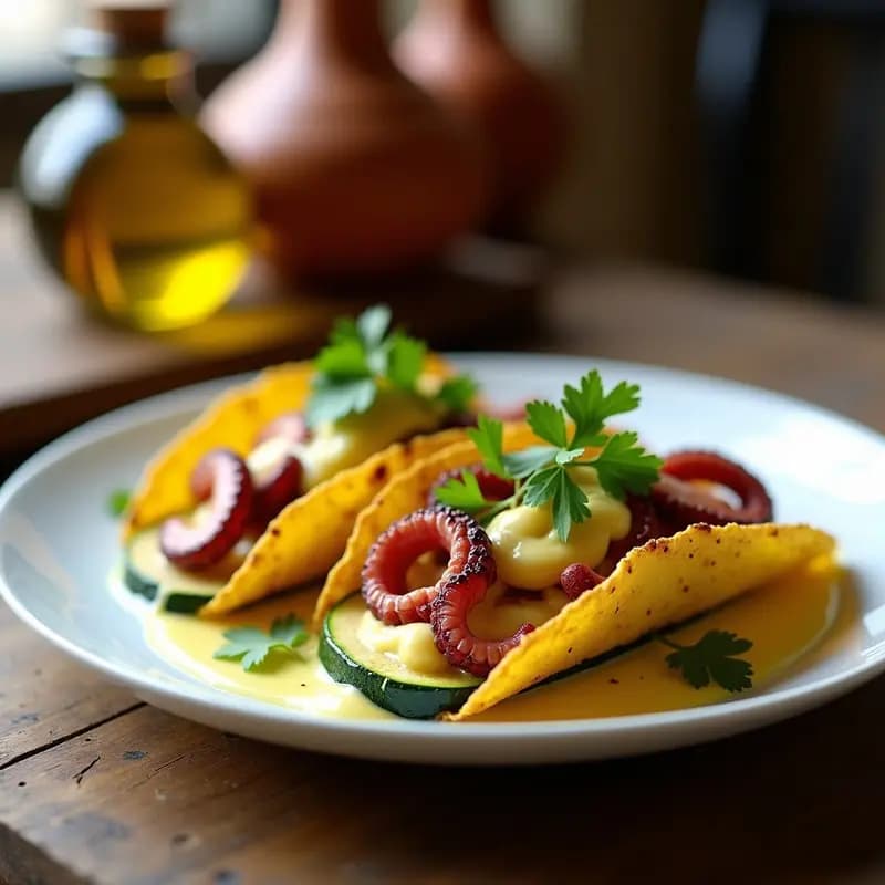 Tacos de Restaurante de Calabacín con Pulpo a la Parrilla y Alioli de Azafrán: Receta Española Gourmet