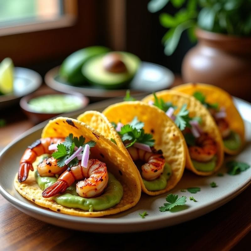 Tacos de Camarón Ahumado y Puré de Aguacate: Receta en Airfryer con Salsa de Lima y Cilantro