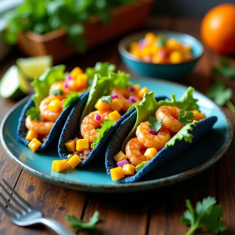 Tacos de Camarón en Costra de Maíz Azul: Receta Mexicana Crujiente en Olla Exprés con Aderezo de Mango