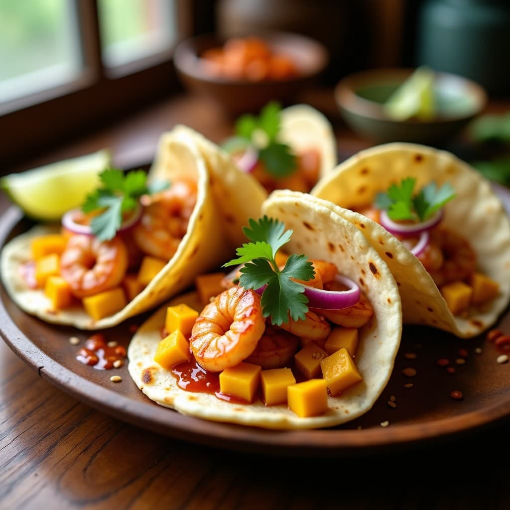 Tacos de Camarón y Mango con Salsa de Tamarindo: Receta Tailandesa-Mexicana en 15 Min