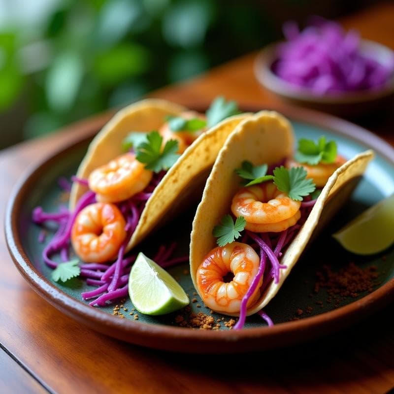 Tacos de Camarones al Ajillo y Repollo Morado: Receta Mexicana Gourmet en 15 Minutos