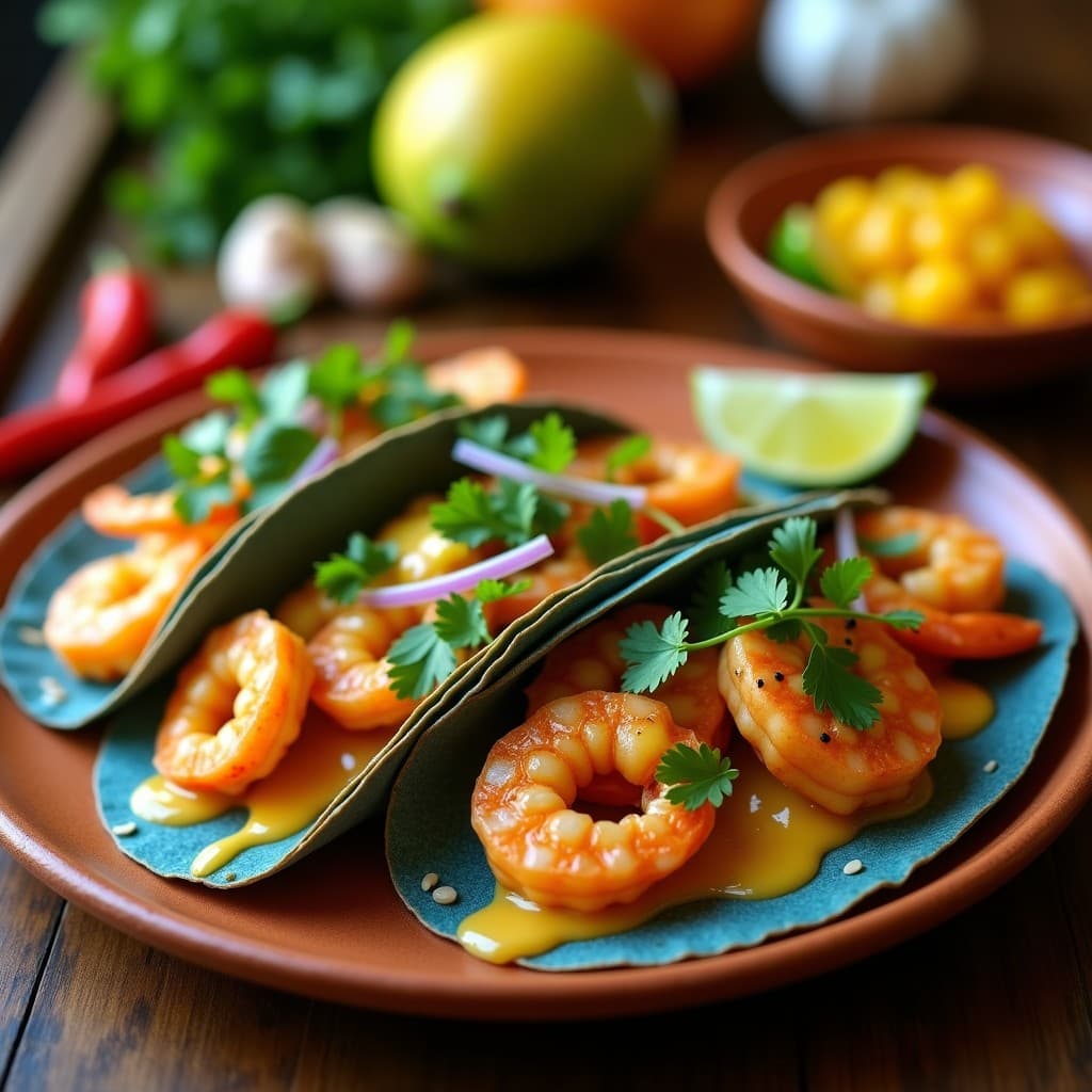 Tacos de Camarones al Ajillo con Salsa de Mango y Chile: Receta Fusion Mexicana-Española