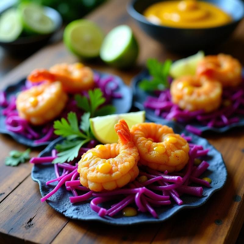 Tacos de Camarones y Col Morada con Salsa de Maracuyá: Receta Peruana en Airfryer