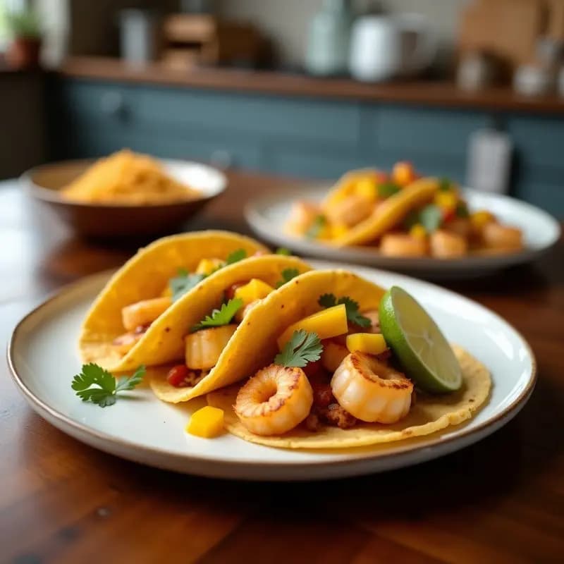 Tacos de Camarones con Mango y Chile de Árbol: Receta Mexicana Dulce-Picante en Tortillas de Maíz Azul