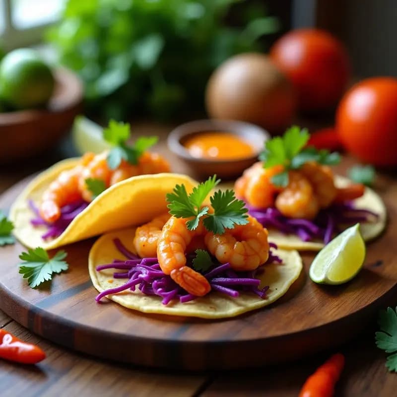 Tacos de Camarones con Salsa de Mango Habanero y Repollo Morado: Receta Tailandesa-Mexicana Fusion