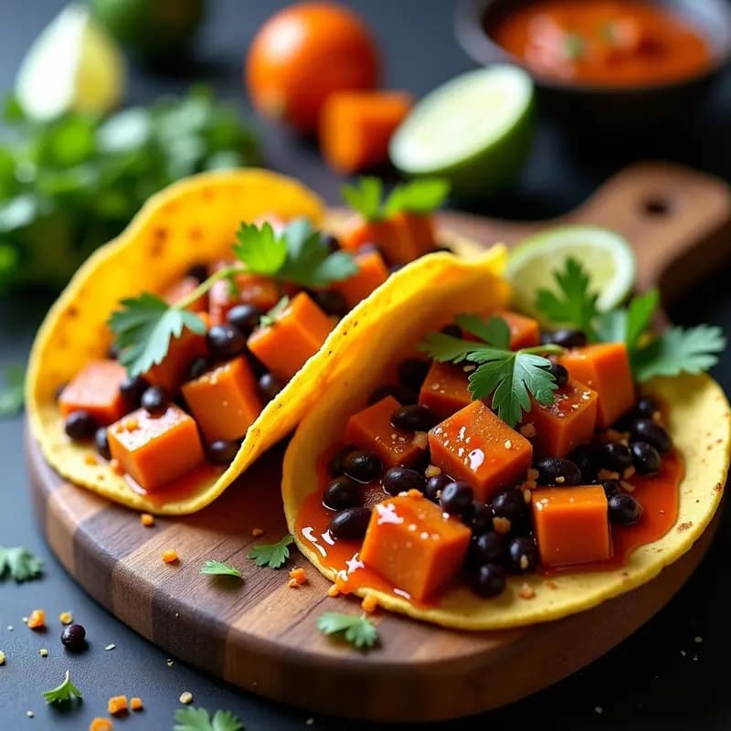 Tacos de Camote Asado con Frijoles Negros y Salsa de Chipotle y Naranja
