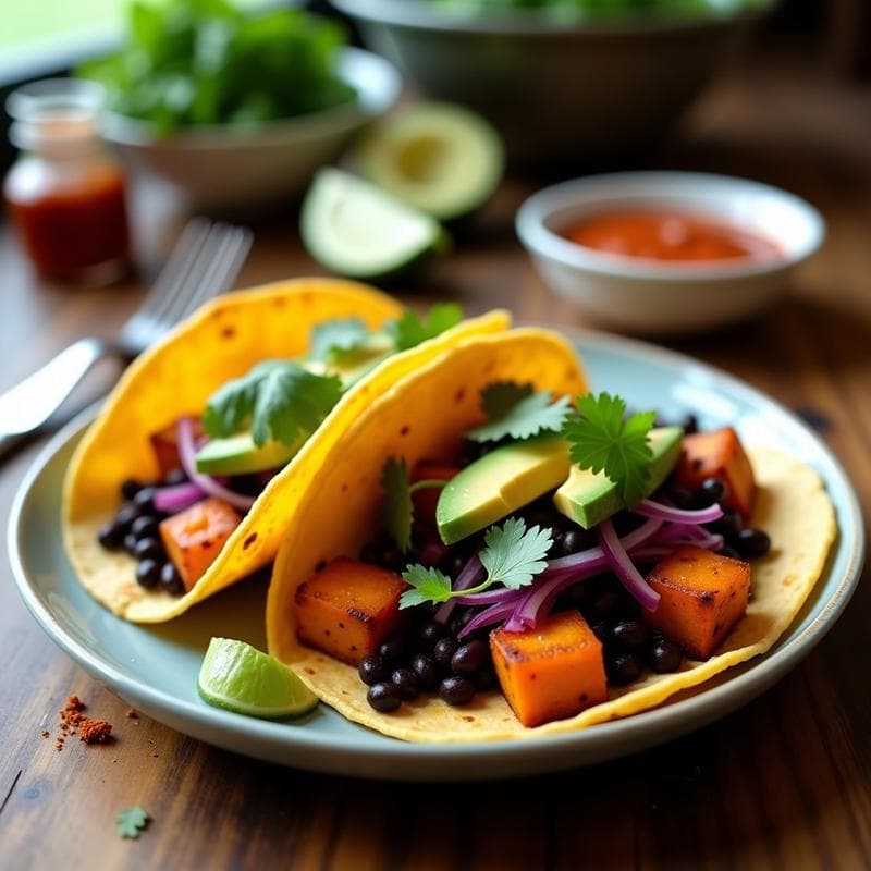 Tacos de Camote y Frijoles Negros: Receta Vegana en Airfryer Sin Aceite en 20 Minutos
