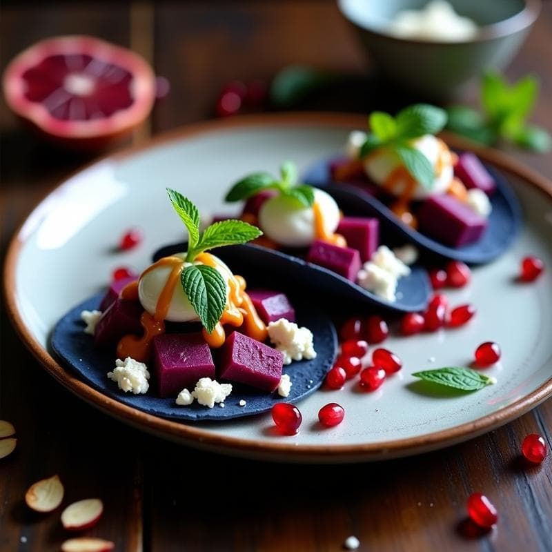 Tacos de Camote Morado y Feta con Aderezo de Granada: Receta Gourmet