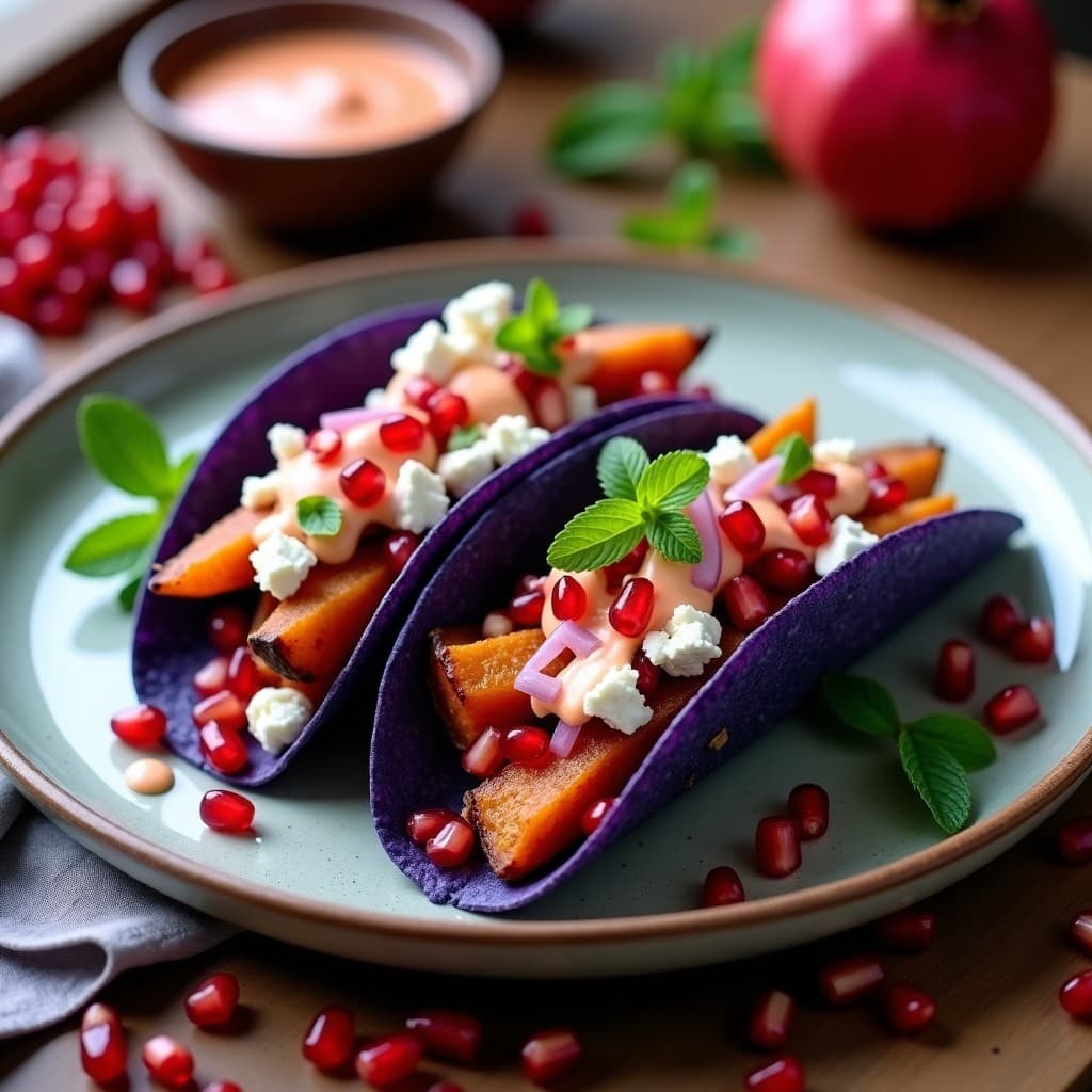 Tacos de Camote Morado y Feta con Salsa de Granado: Receta Fusion Mexicano-Griega en Airfryer