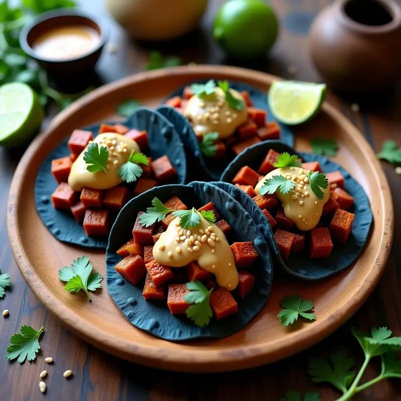 Tacos de Camote Morado y Frijol Mungo con Crema de Cacahuete: Receta Vegana Fusion