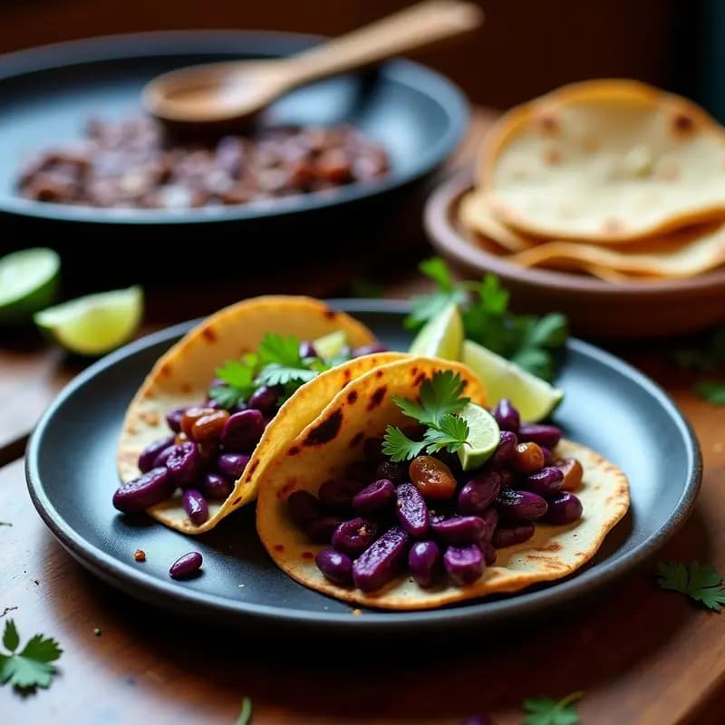 Tacos de Camote Morado y Frijoles Charros: Receta Mexicana Vegana en Comal