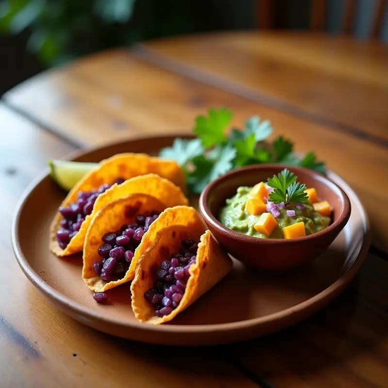 Tacos Dorados de Camote Morado con Guacamole de Mango y Chile Habanero
