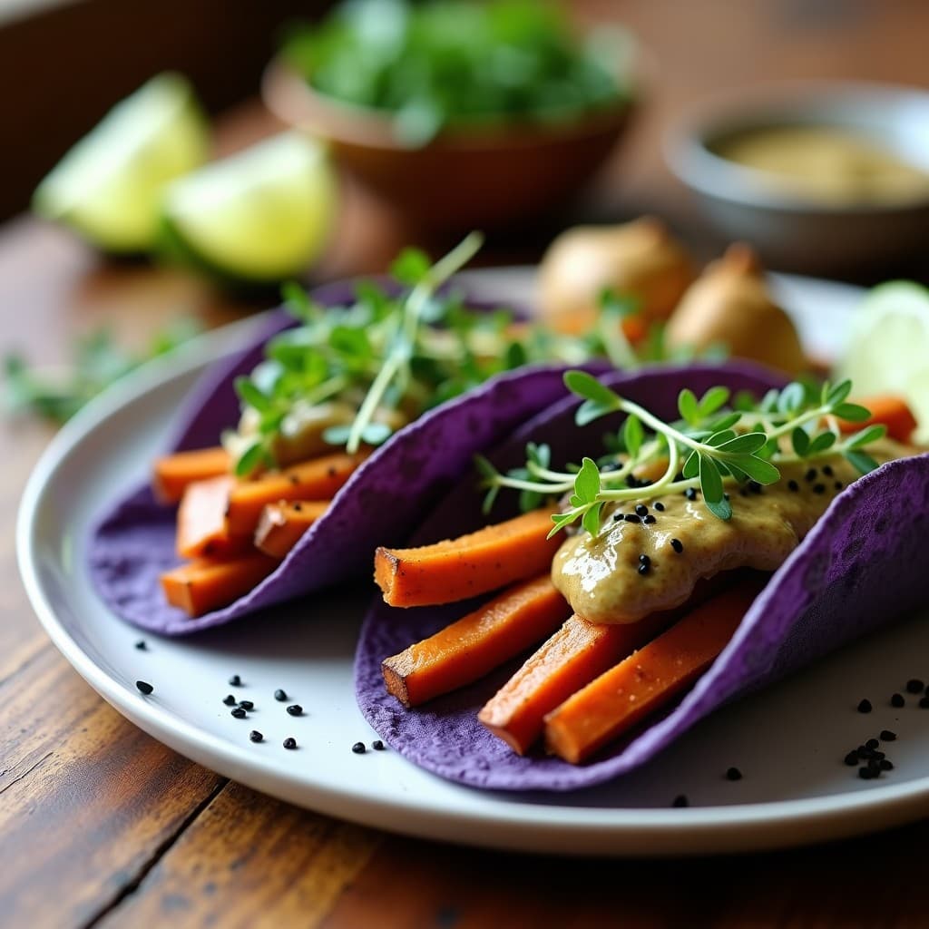 Tacos de Camote Morado con Pesto de Cacahuete y Microgreens: Receta Vegana en Airfryer