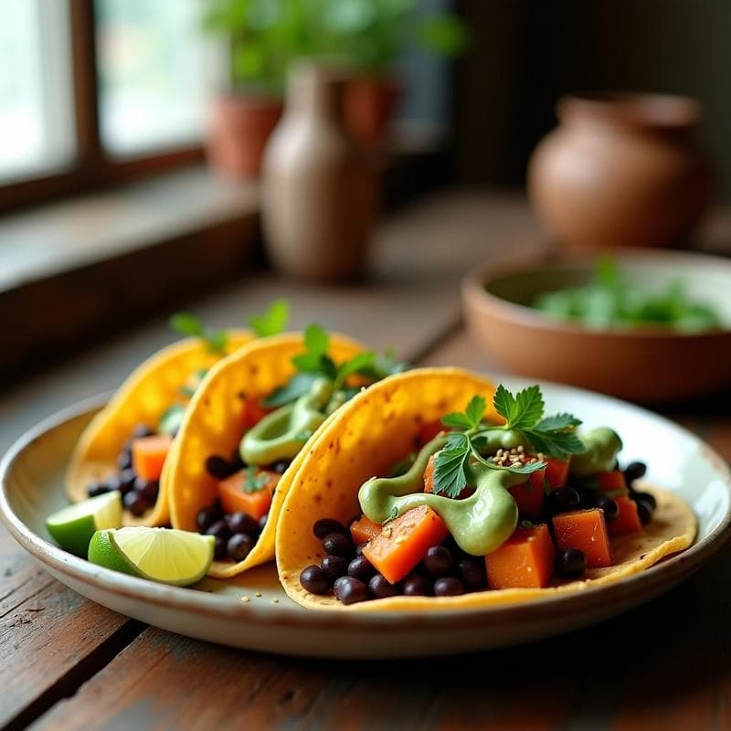 Tacos de Camote Rosa y Black Beans con Crema de Cilantro y Lima: Receta Vegana en Olla Exprés