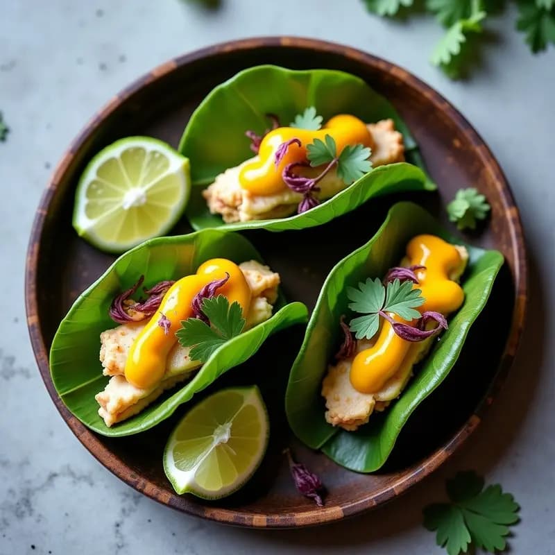 Tacos de Cangrejo con Salsa de Maracuyá y Microvegetales en Hoja de Plátano