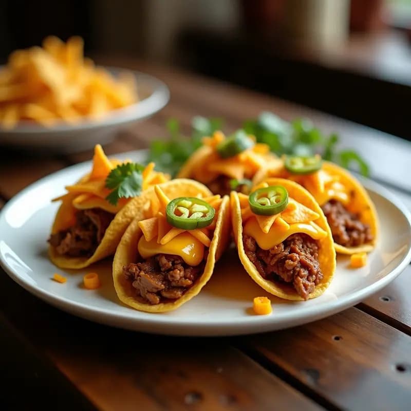 Tacos de Carne Desmenuzada con Queso Fundido y Nachos Triturados: Explosión de Sabores Mexicanos