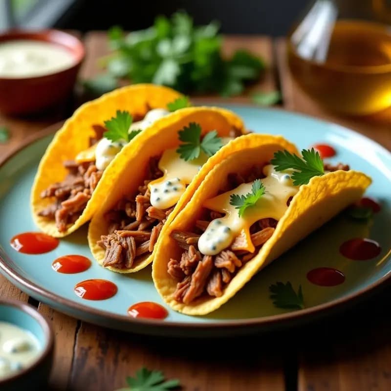 Tacos de Carne Desmenuzada con Queso Nacho, Fabes y Salsa de Queso Azul: Fusión Mexicana-Española