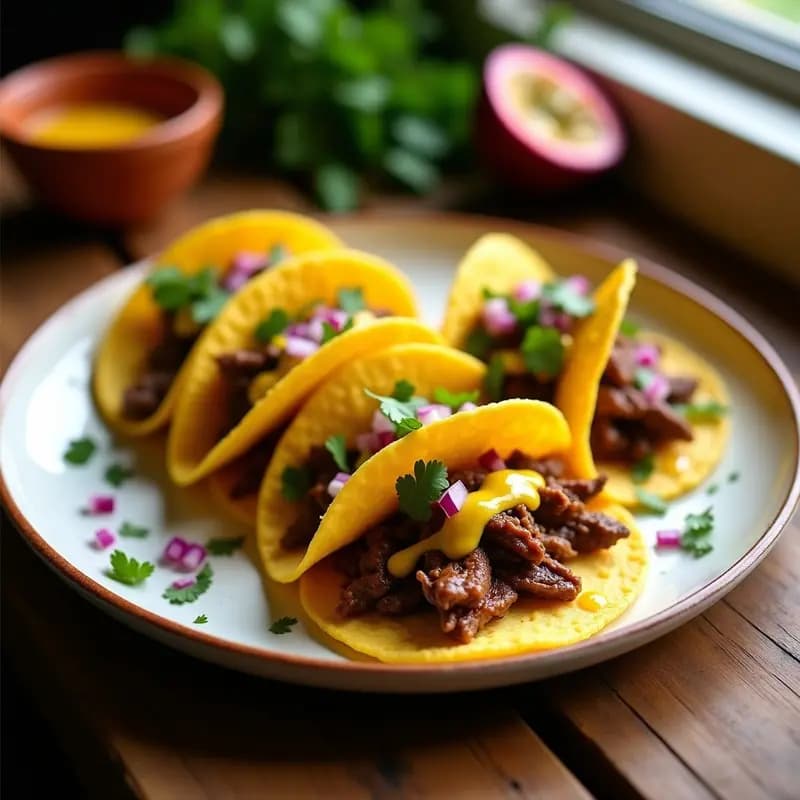 Tacos de Carne de Res y Puré de Yuca con Salsa de Maracuyá: Receta Colombiana Alta en Energía