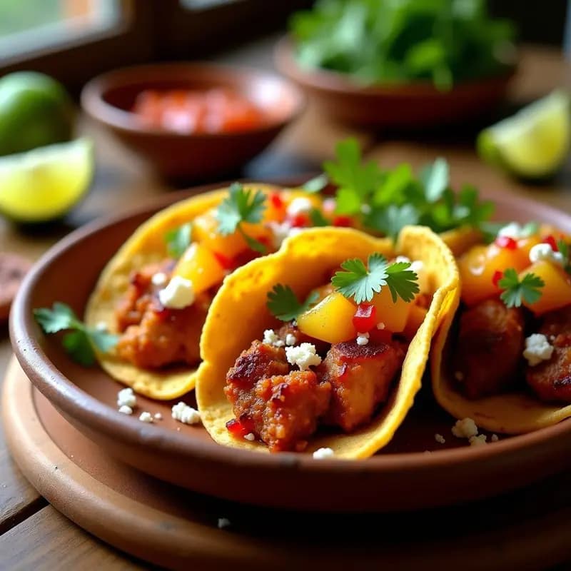Tacos de Carnitas Doblemente Fritos con Piña Asada y Salsa de Mango Habanero: Fruición Mexicana Extrema