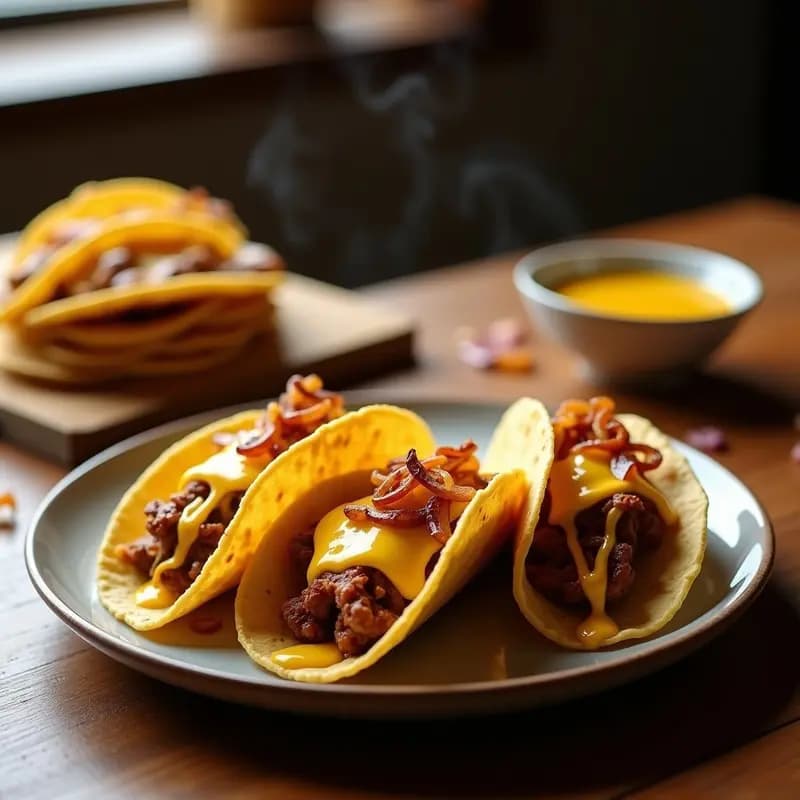 Tacos de Carnitas Dobles con Queso Fundido, Cebolla Caramelizada y Salsa de Maracuyá Picante