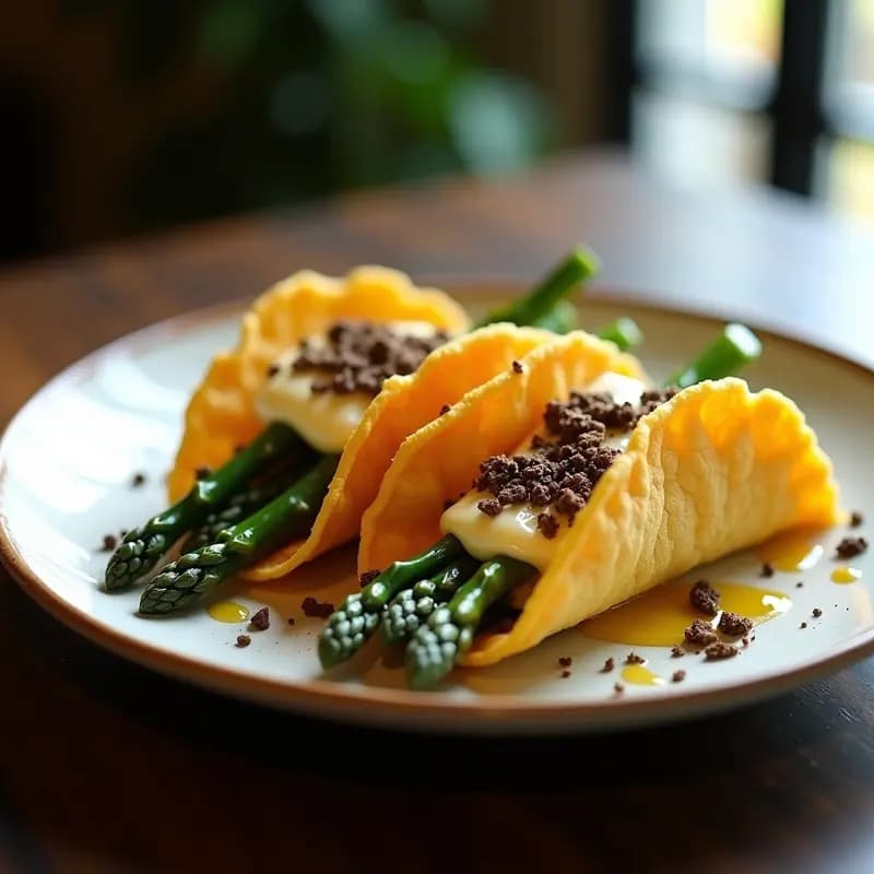 Tacos de Cáscara de Parmesano Rellenos de Espárragos y Trufa Negra: Receta Keto que Desafía lo Imposible