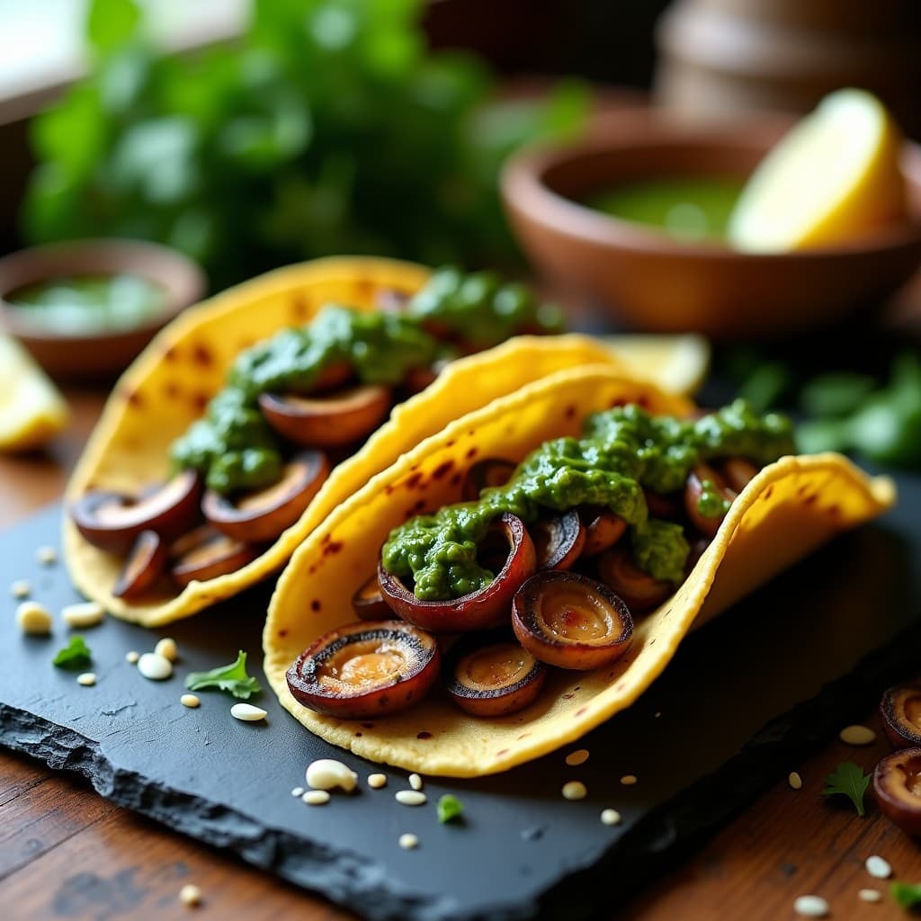 Tacos de Champiñones Ostra y Cebolla Caramelizada: Receta Vegana al Estilo Argentino con Chimichurri
