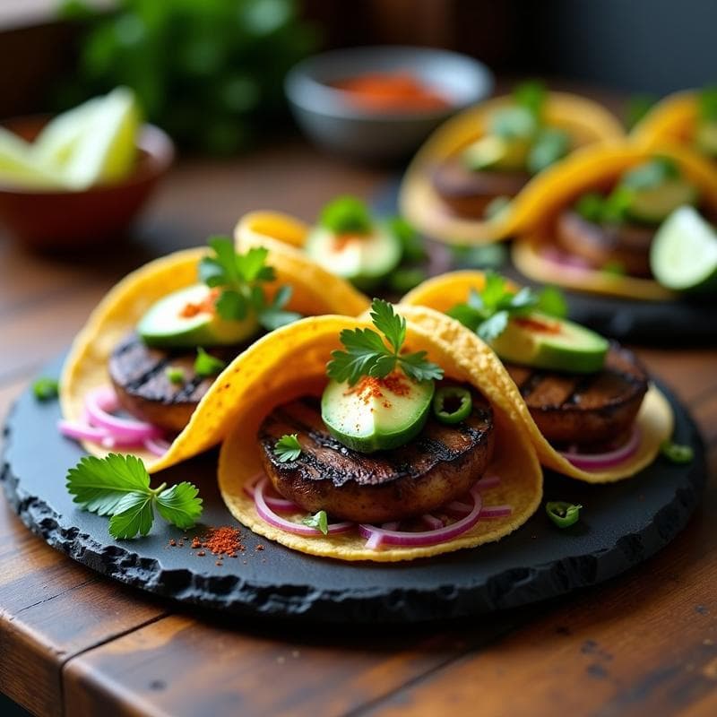 Tacos de Champiñones Portobello Marinado en Adobo: Receta Vegana al Grill con Toque Ahumado