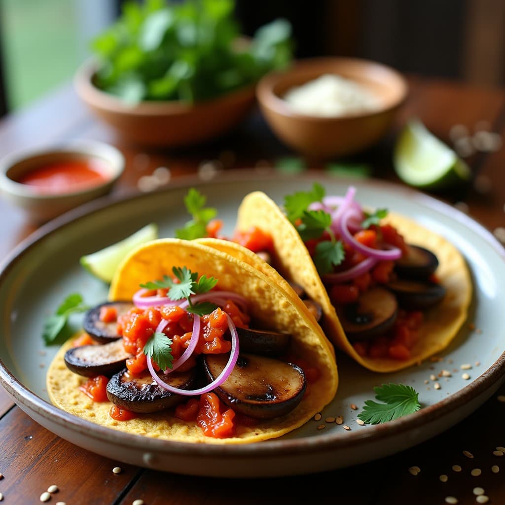 Tacos de Champiñones Portobello y Kimchi con Salsa de Sriracha: Receta Coreana Vegana