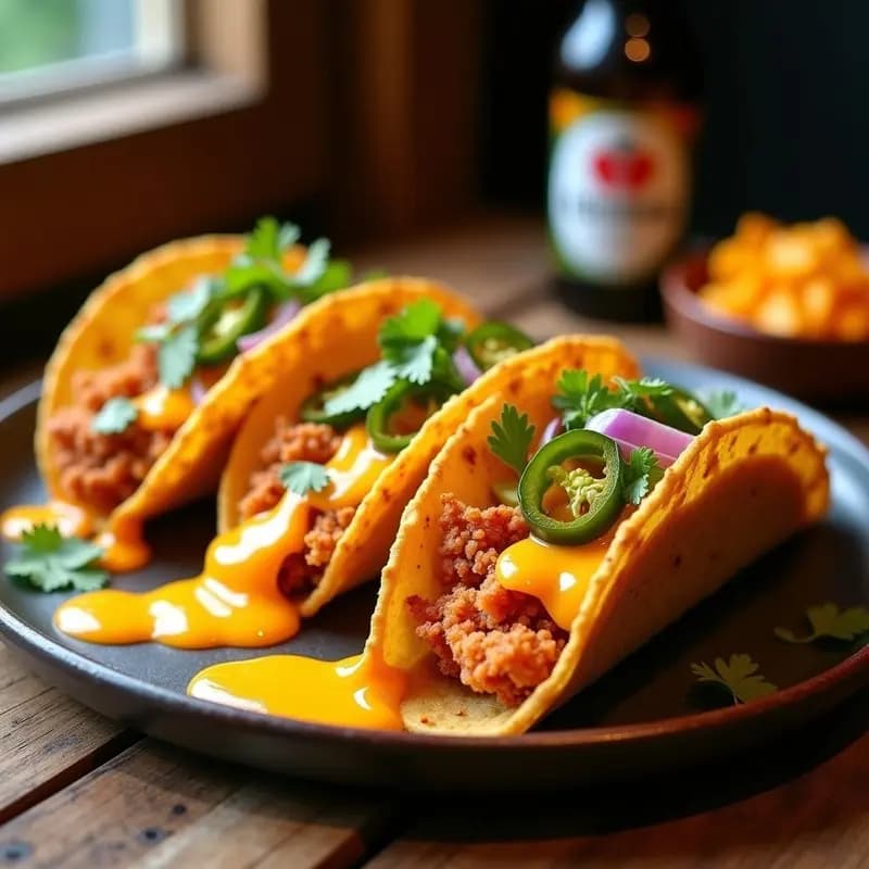 Tacos de Chicharrón de Cerdo con Salsa de Queso Cheddar y Jalapeños en Escabeche: Crujientes y Decadentes