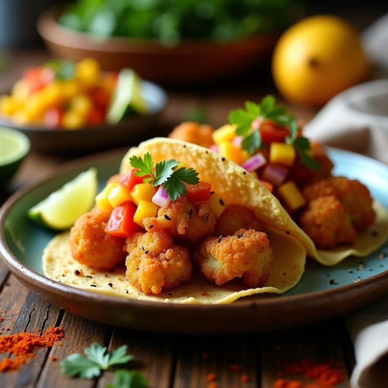 Tacos de Chicharrón de Coliflor con Pico de Gallo de Mango: Receta Vegana Mexicana Crujiente