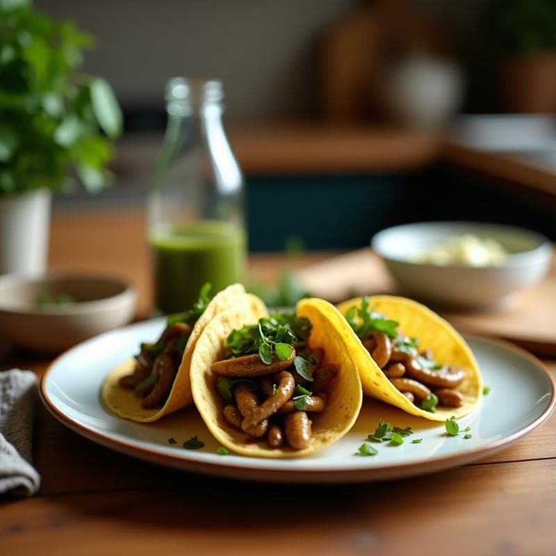 Tacos de Chicharrón de Hongos Shitake: Receta Vegana con Salsa Verde Cruda