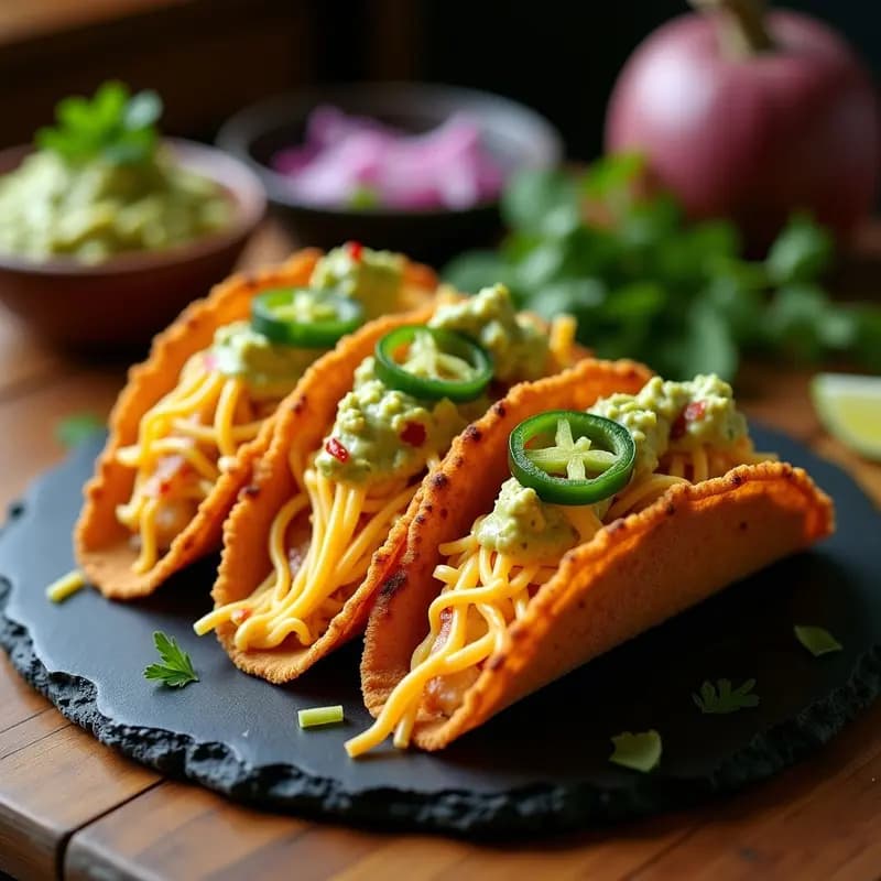 Tacos de Chicharrón con Queso Fundido y Salsa de Guacamole Picante: Explosión de Texturas Mexicanas