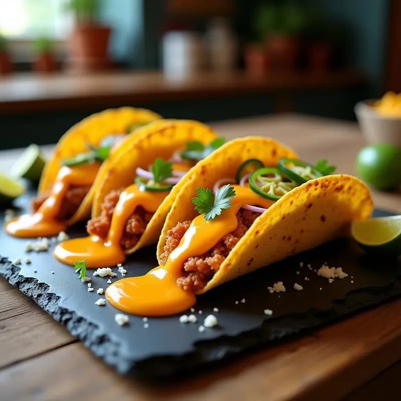 Tacos de Chicharrón con Salsa de Queso Nacho y Jalapeños: Crujiente y Adictivo
