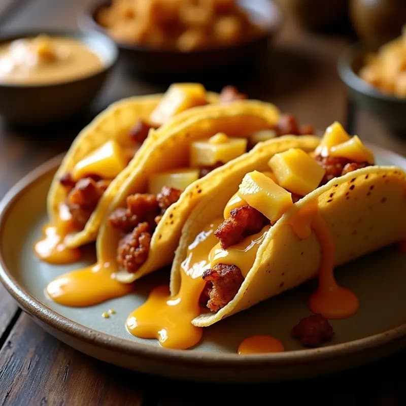 Tacos de Chicharrón de Cerdo con Queso Fundido, Piña Asada y Salsa de Galleta María Triturada