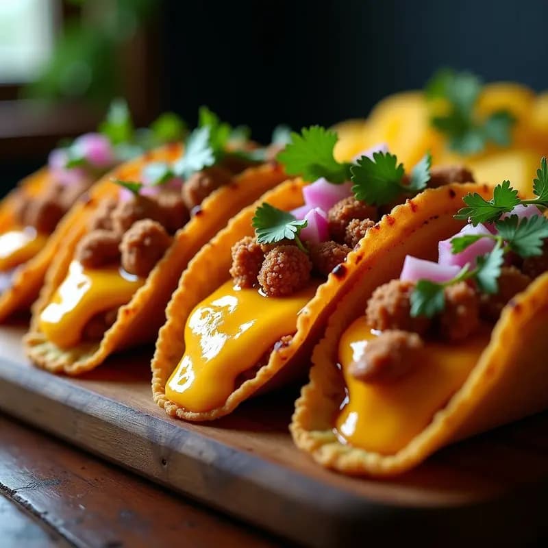 Tacos de Chicharrón con Queso Fundido, Salsa de Piña y Crujiente de Malteadas: Receta Mexicana que Desafía los Límites
