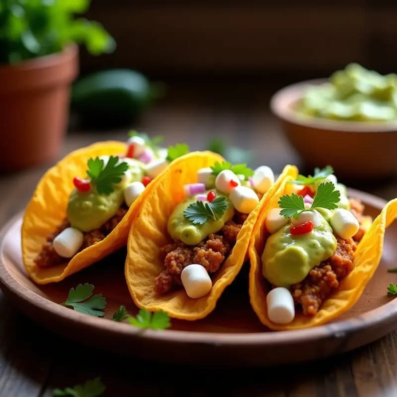 Tacos de Chicharrón de Res con Queso Fundido y Salsa de Guacamole de Aguacate y Marshmallow: Receta Decadente