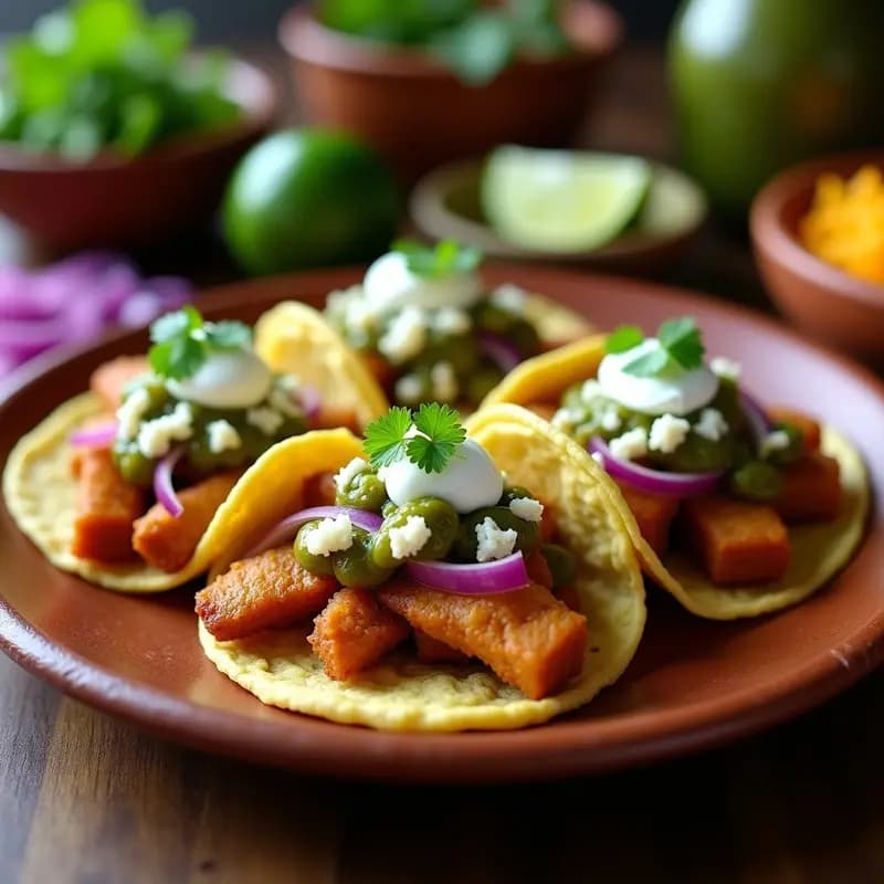 Tacos de Chicharrón Crujiente con Salsa Verde, Queso Panela y Cebolla Morada Encurtida