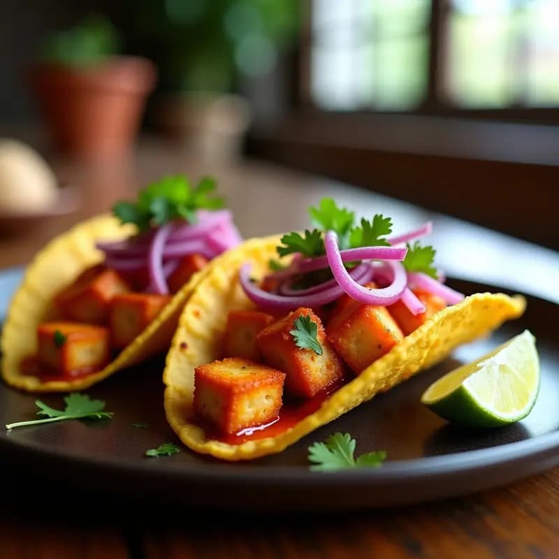 Tacos de Chicharrón de Tofu con Salsa de Guayaba y Crujiente de Cebolla Morada: Receta Fusion Mexicano-Asiática