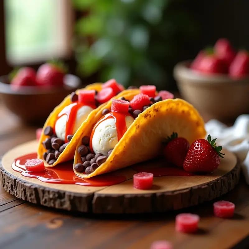 Tacos de Chispas de Chocolate con Helado de Mentira y Sirope de Fresa: Postre que Engaña a la Vista