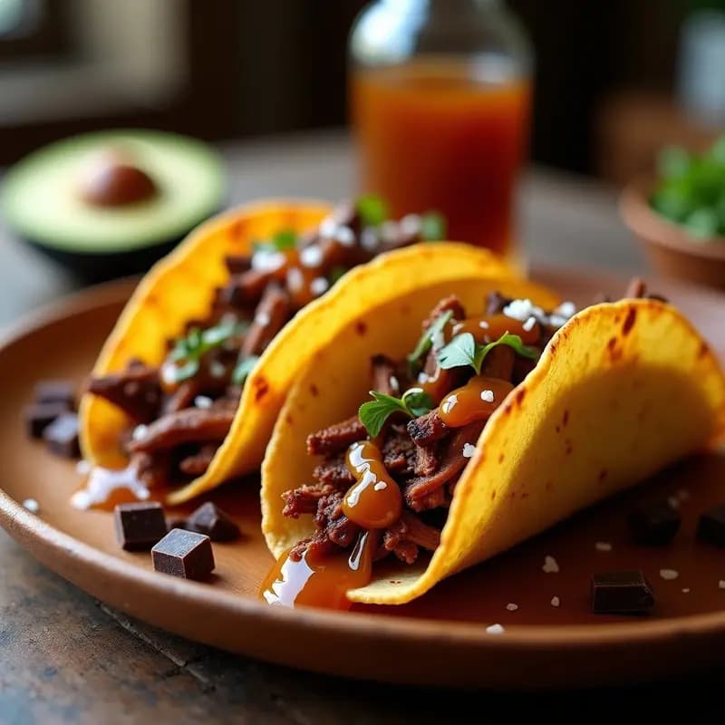 Tacos de Choco-Tortilla con Relleno de Carnitas y Salsa de Caramelo Salado: Dulce y Salado en su Máxima Expresión