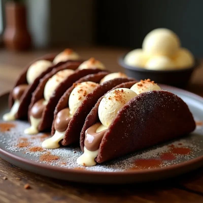 Tacos de Chocolote: Concha de Chocolate, Relleno de Crema de Avellanas y Helado de Vainilla