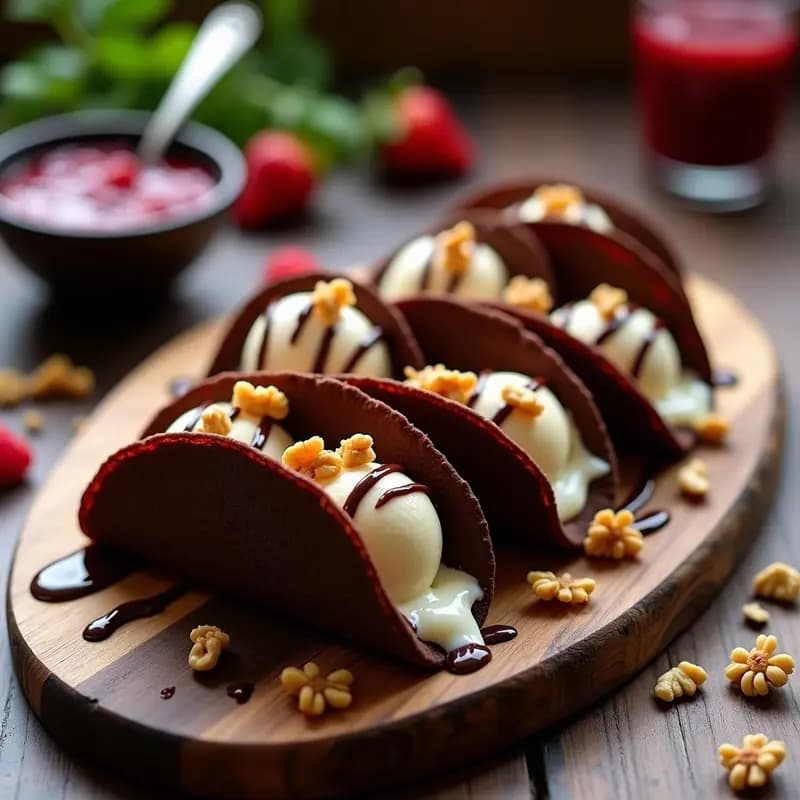 Tacos de Chocolates con Helado de Vainilla y Salsa de Frutos Rojos: El Postre Mexicano Más Indulgente