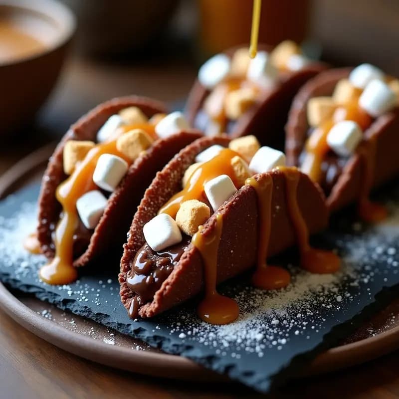 Tacos de Chocolates con Relleno de Nutella y Marshmallows: Bañados en Sirope de Caramelo