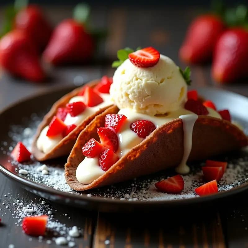 Tacos de Chocolote con Helado de Vainilla, Fresas y Salsa de Queso Crema: Dulce Mexicano que Roba Suspiros