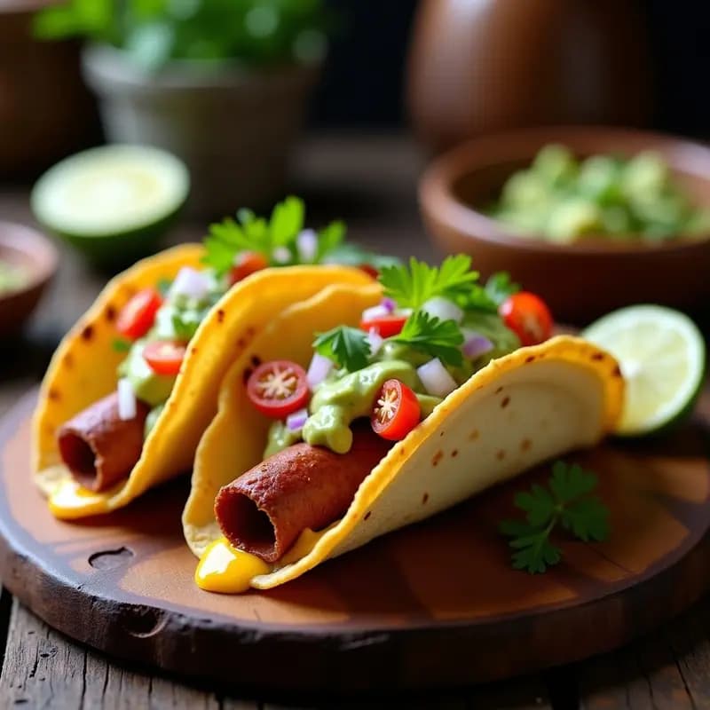 Tacos de Chorizo Asado con Queso Fundido y Salsa de Aguacate y Crema Ácida