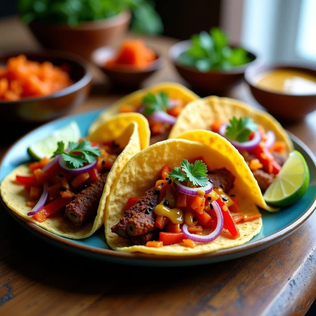 Tacos de Chorizo Vegano y Kimchi con Salsa de Mostaza de Dijón: Receta Fusion Coreana-Mexicana